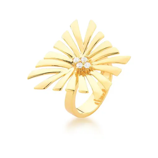 ANEL DE FOLHA LISA E CRISTAIS BANHADO A OURO