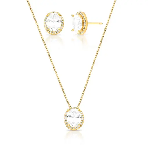 CONJUNTO BRINCO E COLAR COM PINGENTE DE CRISTAL E ZIRCÔNIAS