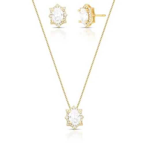 CONJUNTO BRINCO E COLAR COM CRISTAL OVAL E ZIRCÔNIAS