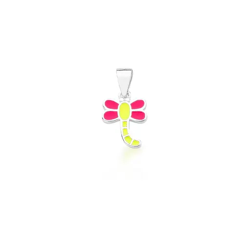 PINGENTE KIDS LIBÉLULA ESMALTADO AMARELO E VERMELHO PRATA LISA