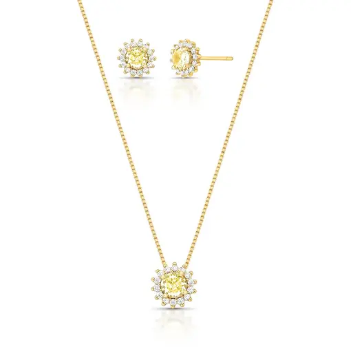 CONJUNTO BRINCO E COLAR COM CRISTAL REDONDO E ZIRCÔNIAS