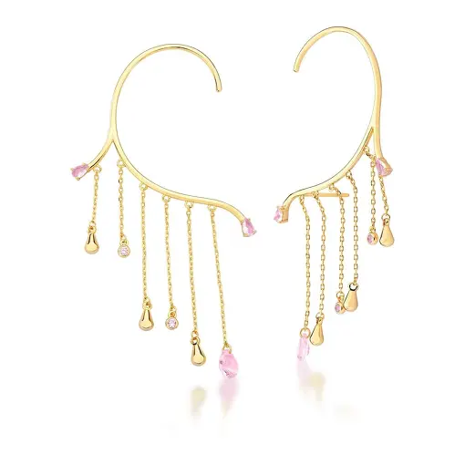 BRINCO EAR CUFF COM ZIRCÔNIAS EM GOTA ROSA BANHADO A OURO