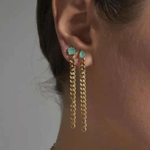 BRINCO EAR JACKET E CRISTAL TURMALINA BANHADO A OURO