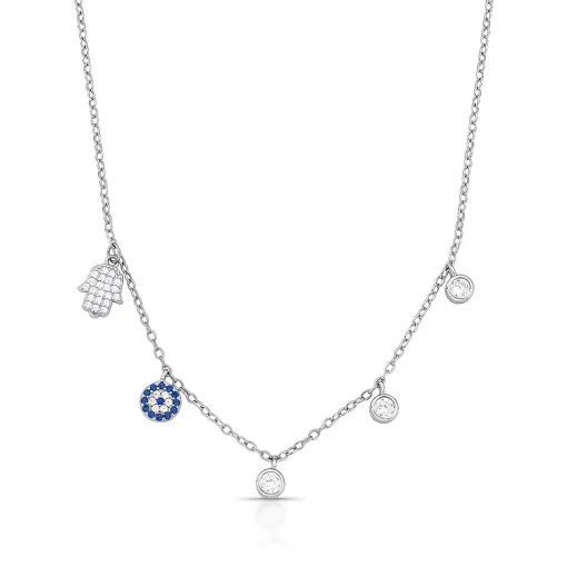 COLAR COM CRISTAIS OLHO GREGO E MÃO DE FÁTIMA PRATA RODINADA