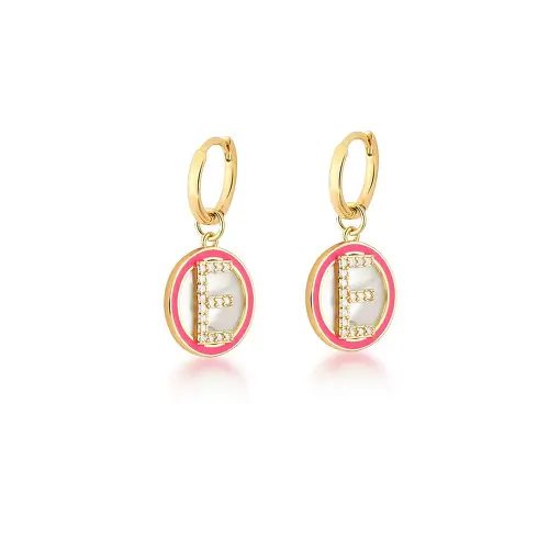 ARGOLA 2 EM 1 COM PINGENTE LETRA "E" ROSA BANHADA A OURO