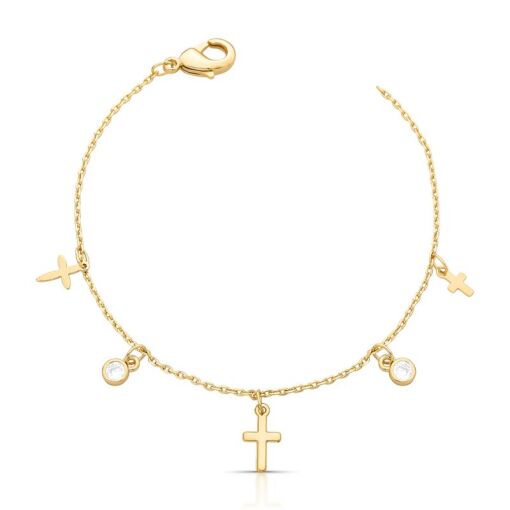 PULSEIRA COM PINGENTES INTERCALADOS DE CRUZ E CRISTAIS