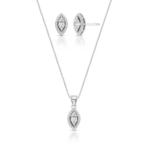 CONJUNTO BRINCO E PINGENTE COM CRISTAL NAVETE EM PRATA RODINADA