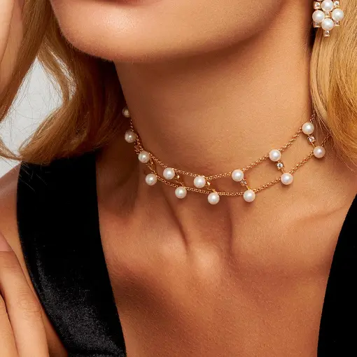 CHOKER DUAS VOLTAS COM CRISTAIS E PÉROLA SHELL BANHADO A OURO