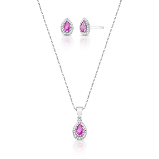 CONJUNTO BRINCO E PINGENTE CRISTAL DE GOTA EM PRATA RODINADA