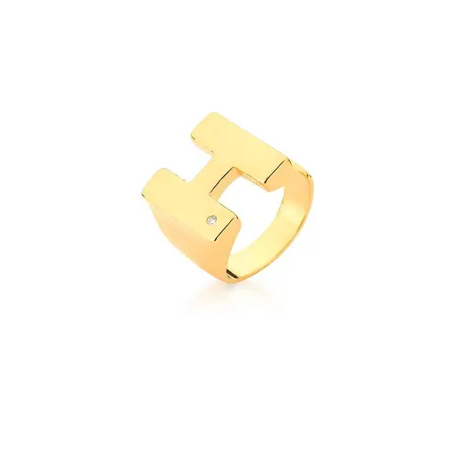 ANEL DEDO MÍNIMO LETRA "H" LISO COM PONTO DE LUZ BANHADO A OURO