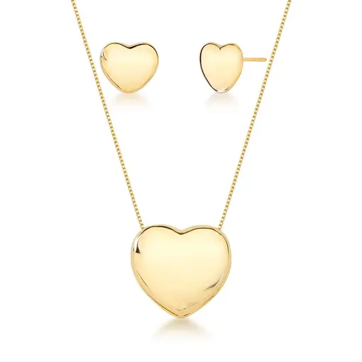 CONJUNTO COLAR E BRINCO DE CORAÇÃO LISO BANHADO A OURO
