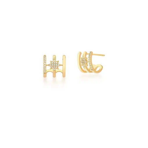 BRINCO EAR HOOK TRÊS FILEIRAS COM ESTRELA BANHADO A OURO