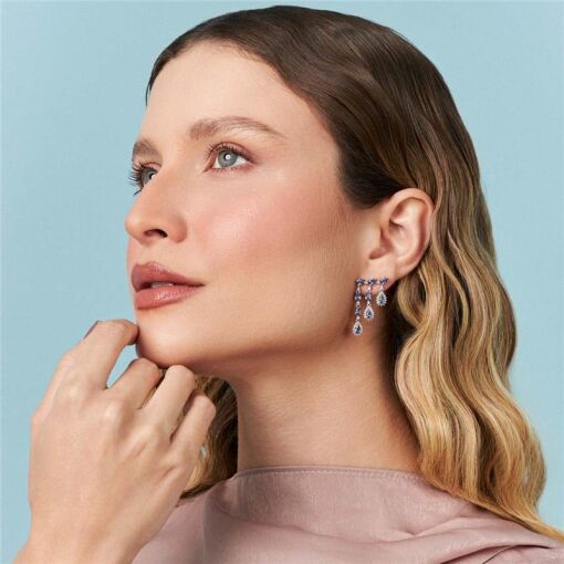 BRINCO EAR CUFF EM PÊNDULO COM CRISTAIS PRATA RODINADA