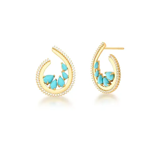 BRINCO CURVO COM CRISTAIS  DE GOTA CABOCHÃO AZUL BANHADO A OURO