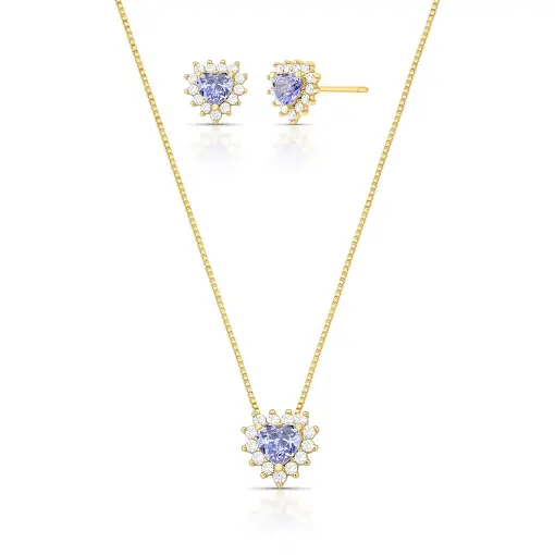 CONJUNTO BRINCO E COLAR DE CORAÇÃO COM CRISTAL E ZIRCÔNIAS