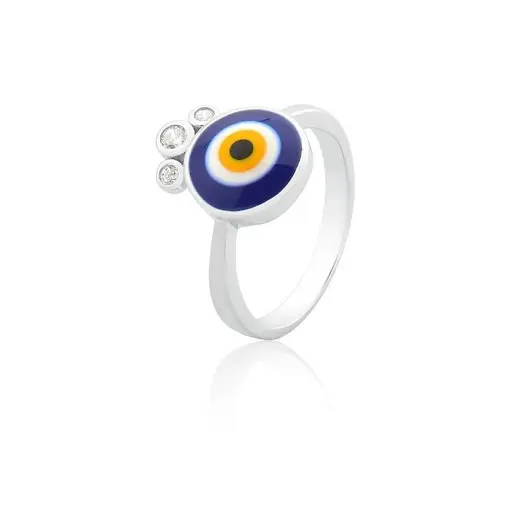 ANEL COM OLHO GREGO ESMALTADO AZUL ESCURO PRATA RODINADA