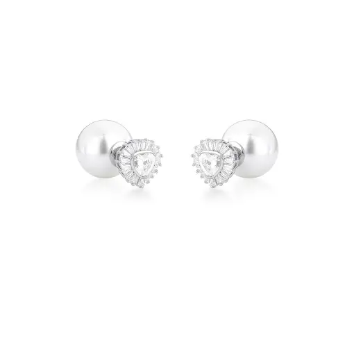 BRINCO EAR JACKET COM CORAÇÃO E PÉROLA BANHADO A RÓDIO
