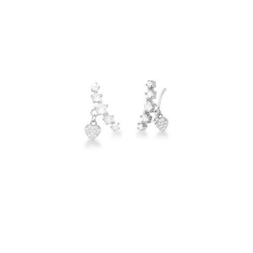 BRINCO EAR CUFF CRISTAIS REDONDOS E CORAÇÃO PRATA RODINADA