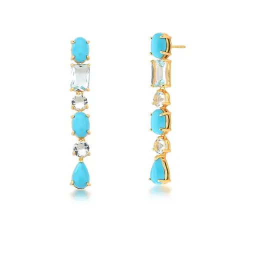 BRINCO PÊNDULO COM CRISTAIS DIVERSOS CABOCHÃO BANHADO A OURO