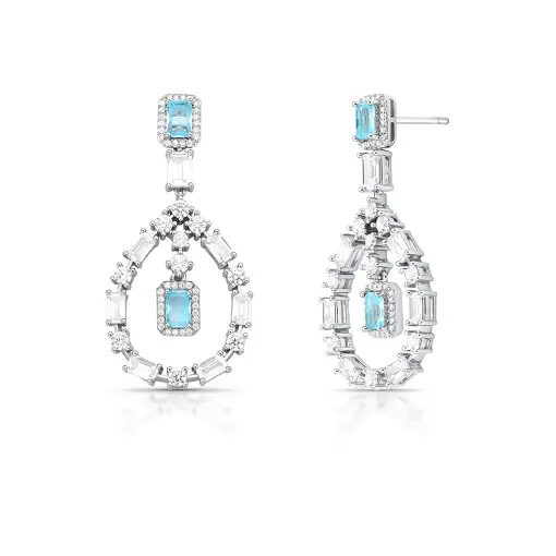 BRINCO PÊNDULO VAZADO COM CRISTAIS GEOMÉTRICOS E ZIRCÔNIAS