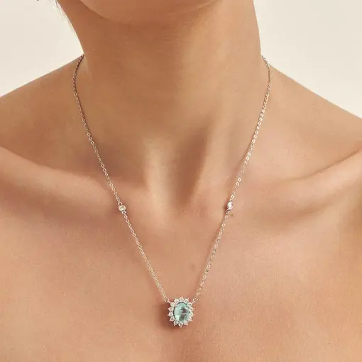 COLAR COM PINGENTE DE CRISTAL OVAL ÁGUA MARINHA BANHADO A RÓDIO