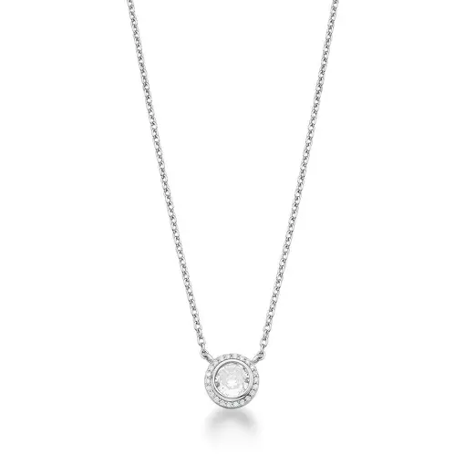 CORRENTE COM PINGENTE OVAL CRISTAL E CRAVEJADO PRATA RODINADA