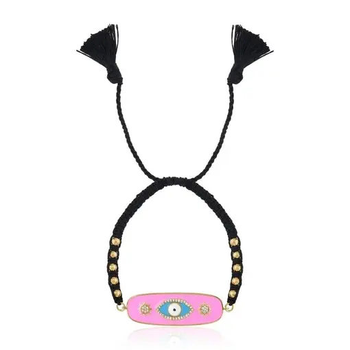 PULSEIRA PLACA COM OLHO GREGO ROSA FOLHEADA A OURO