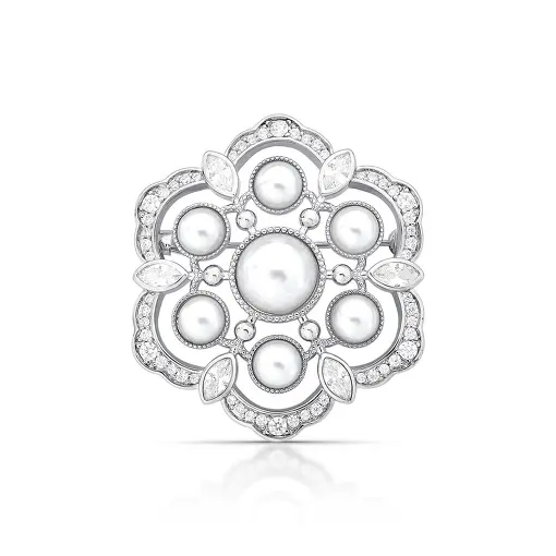 BROCHE DE FLOR COM CRISTAL NAVETE E PÉROLA SHELL BANHADO A RÓDIO