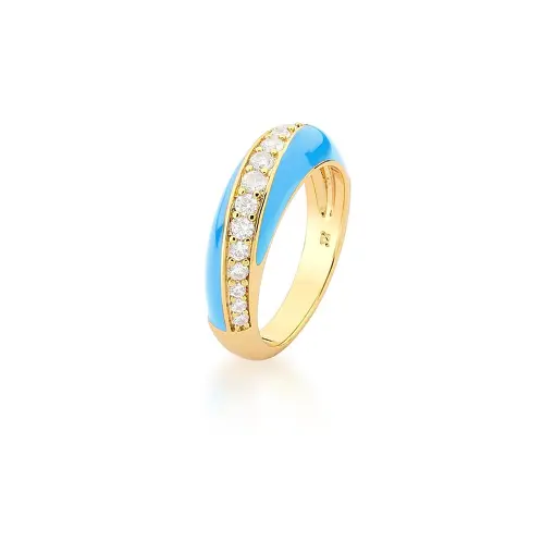 ANEL ESMALTADO AZUL CLARO COM ZIRCÔNIAS BANHADO A OURO