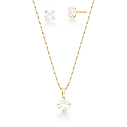 CONJUNTO BRINCO E CORRENTE COM PINGENTE REDONDO BANHADO A OURO