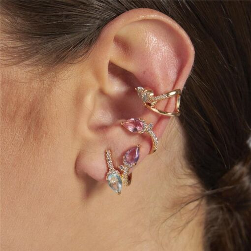 BRINCO EAR CUFF COM CRISTAIS EM GOTAS COLORIDOS