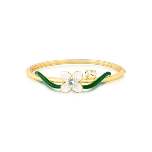 BRACELETE CURVO DE FLOR ESMALTADO COM CRISTAL E ZIRCÔNIA