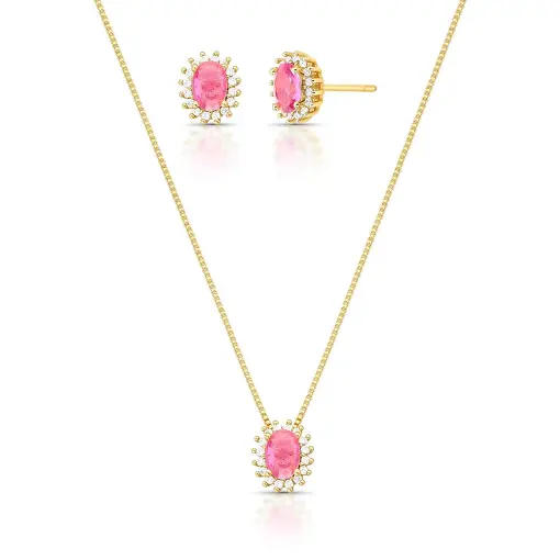 CONJUNTO BRINCO E COLAR COM CRISTAL OVAL E ZIRCÔNIAS