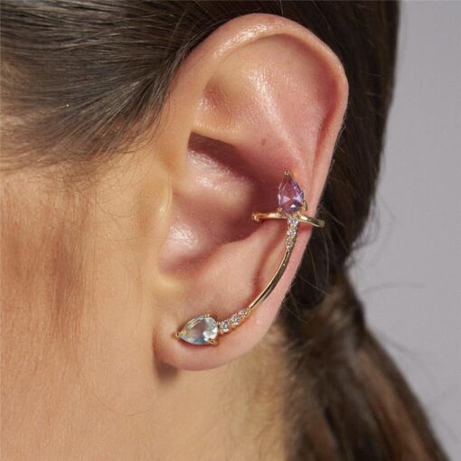 BRINCO EAR CUFF COM CRISTAIS EM GOTAS COLORIDOS BANHADO A OURO