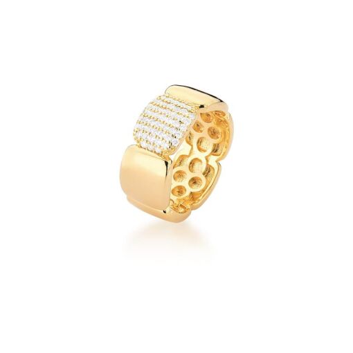 ANEL COM QUADRADOS LISO E CRAVEJADO DE ZIRCÔNIAS BANHADO A OURO