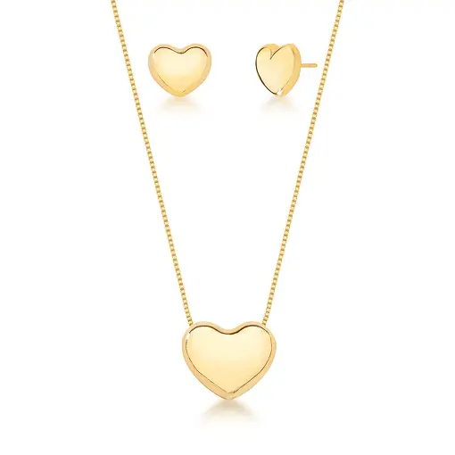 CONJUNTO DE BRINCO E COLAR DE CORAÇÃO LISO
