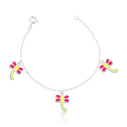 PULSEIRA KIDS COM TRÊS PINGENTES DE LIBÉLULAS PRATA LISA