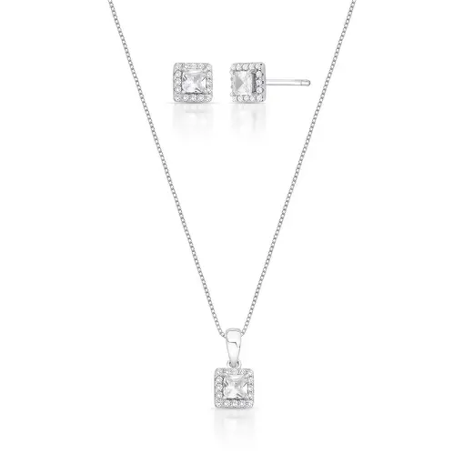 CONJUNTO BRINCO E PINGENTE COM CRISTAL QUADRADO E ZIRCÔNIAS