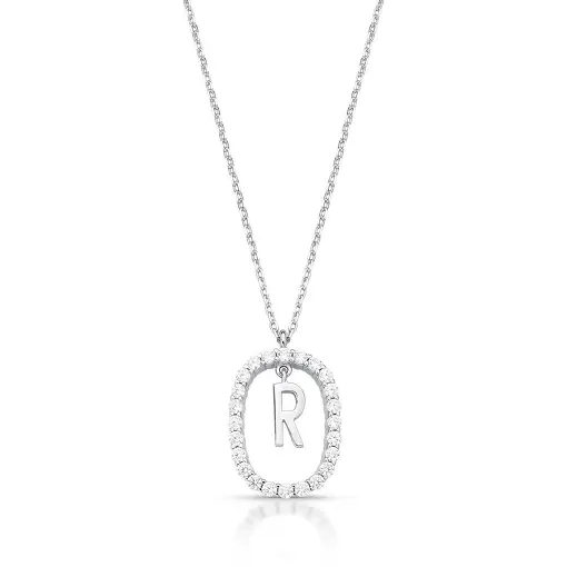 COLAR COM PINGENTE DE LETRA "R" CRAVEJADO PRATA RODINADA