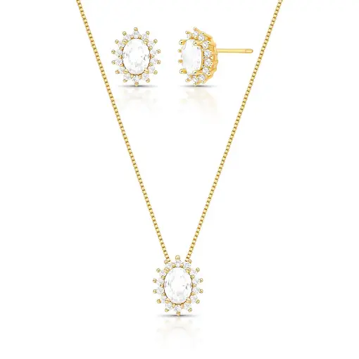 CONJUNTO BRINCO E COLAR COM CRISTAL OVAL E ZIRCÔNIAS