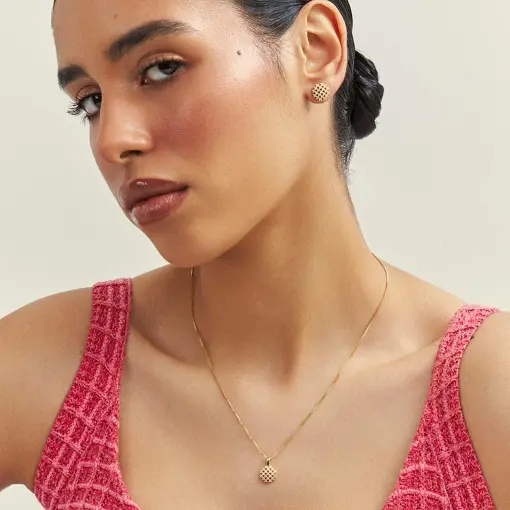 CONJUNTO BRINCO E COLAR REDONDO CRAVEJADO BANHADO A OURO