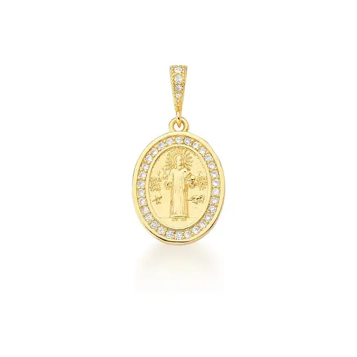 PINGENTE OVAL IMAGEM DE SÃO BENTO BANHADO A OURO