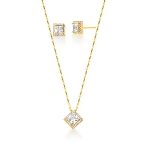 CONJUNTO BRINCO E CORRENTE COM PINGENTE BANHADO A OURO