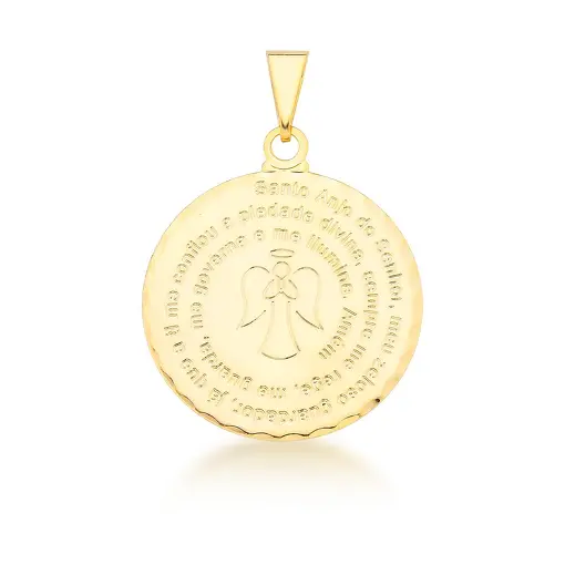 PINGENTE REDONDO LISO COM ORAÇÃO SANTO ANJO BANHADO A OURO