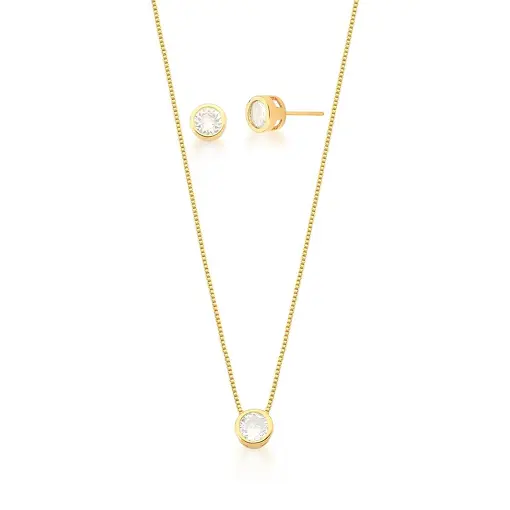 CONJUNTO BRINCO E CORRENTE COM PINGENTE REDONDO BANHADO A OURO