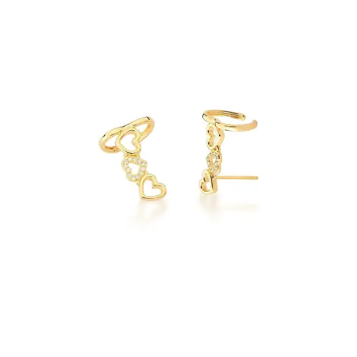BRINCO EAR CUFF COM CORAÇÕES VAZADOS E BRANCO BANHADO A OURO