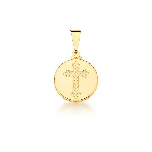 PINGENTE REDONDO COM CRUZ TRABALHADA BANHADO A OURO