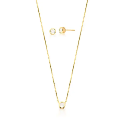 CONJUNTO BRINCO E COLAR COM PINGENTE REDONDO BANHADO A OURO