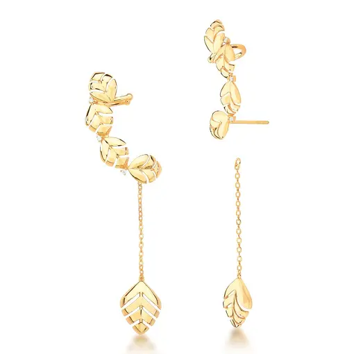 BRINCO EAR CUFF 2 EM 1 COM FOLHAS LISAS BANHADA A OURO