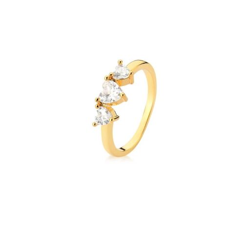 ANEL COM TRÊS ZIRCÔNIAS DE CORAÇÃO BRANCO BANHADO A OURO